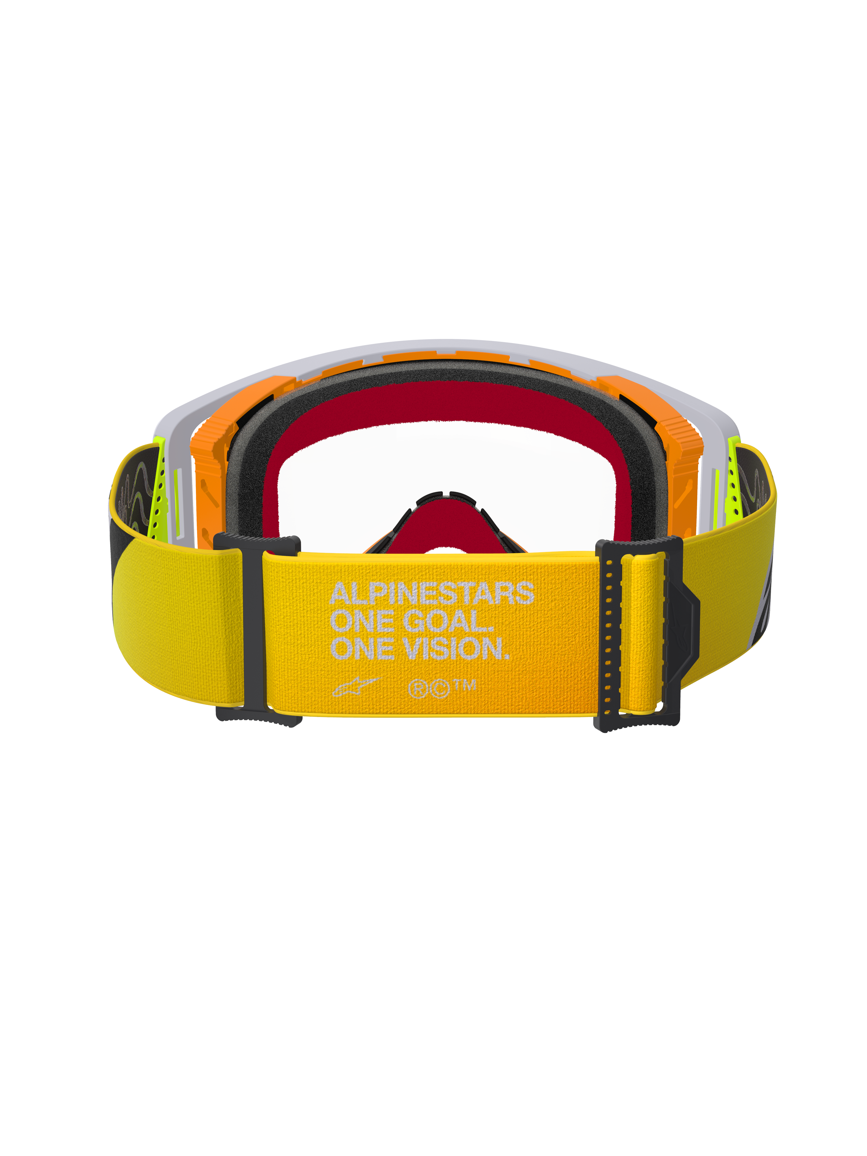 Alpinestars Supertech Corp Goggles, Motocross Goggles, Fluo Yellow and Grey, rear view highlighting yellow strap with white 'ALPINESTARS ONE GOAL. ONE VISION.' branding, multi-layer face foam, and durable frame design for off-road racing