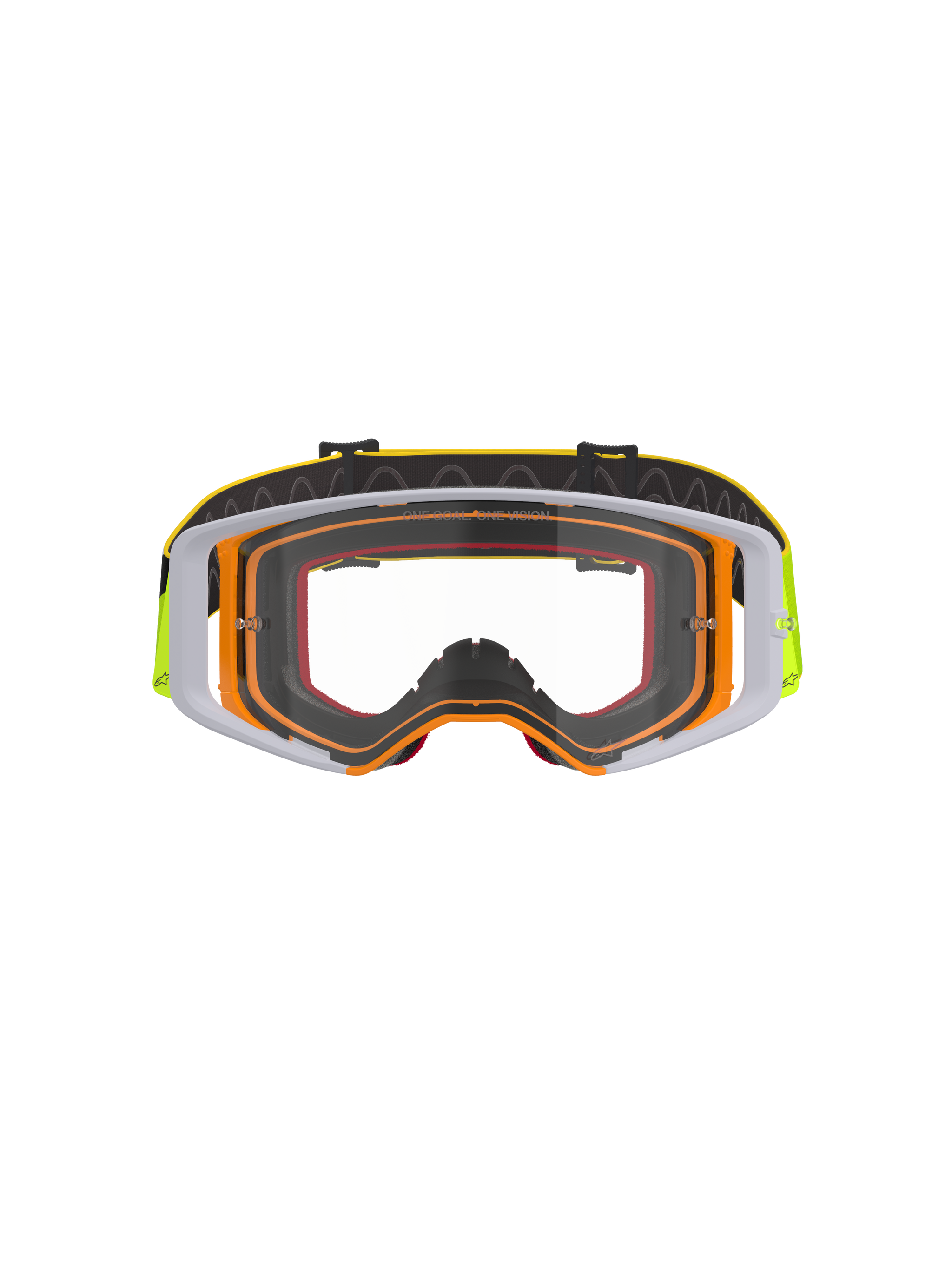 Alpinestars Supertech Corp Goggles, Motocross Goggles, Fluo Yellow and White frame with Clear Lens, grey accents, black adjustable strap with yellow branding and internal silicone grip, high-performance eyewear for off-road racing.