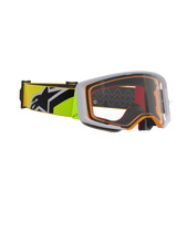 Alpinestars Supertech Corp Goggles, Motocross Goggles, Fluo Yellow and Grey, clear lens with orange frame accents, featuring a fluo yellow strap with a black Alpinestars logo for off-road racing.