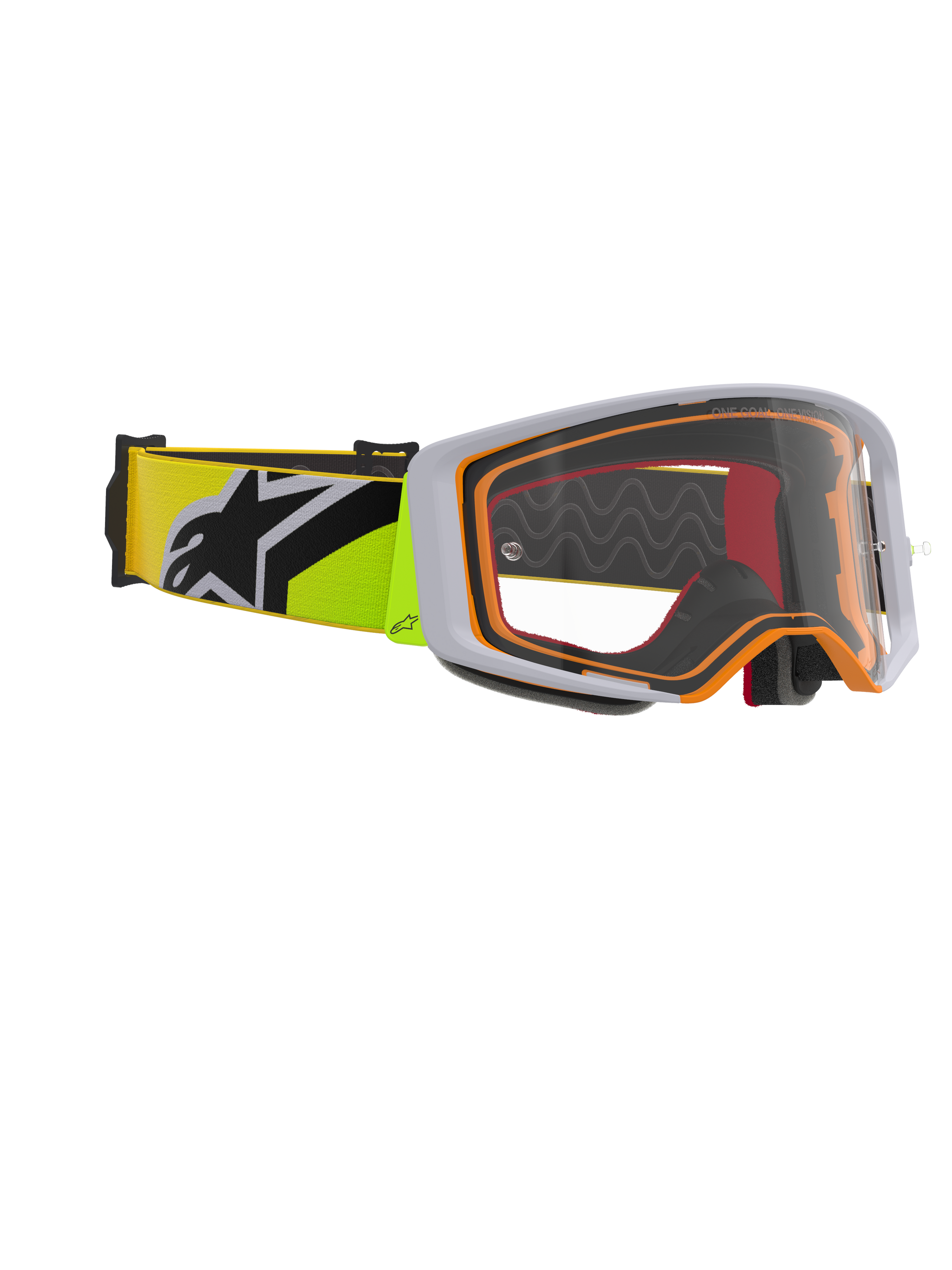 Alpinestars Supertech Corp Goggles, Motocross Goggles, Fluo Yellow and Grey, clear lens with orange frame accents, featuring a fluo yellow strap with a black Alpinestars logo for off-road racing.