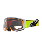 Alpinestars Supertech Corp Goggles, Motocross Goggles, Fluo Yellow Grey Clear, grey outer frame with orange inner seal, clear lens, bright yellow strap with black and white Alpinestars logo, high-performance eyewear for off-road racing