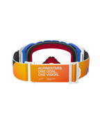 Alpinestars Supertech Corp Goggles, Motocross Goggles, Blue Orange Clear, rear view showing orange and yellow gradient strap with white 'ALPINESTARS ONE GOAL. ONE VISION.' text, white buckles, and blue frame accents.