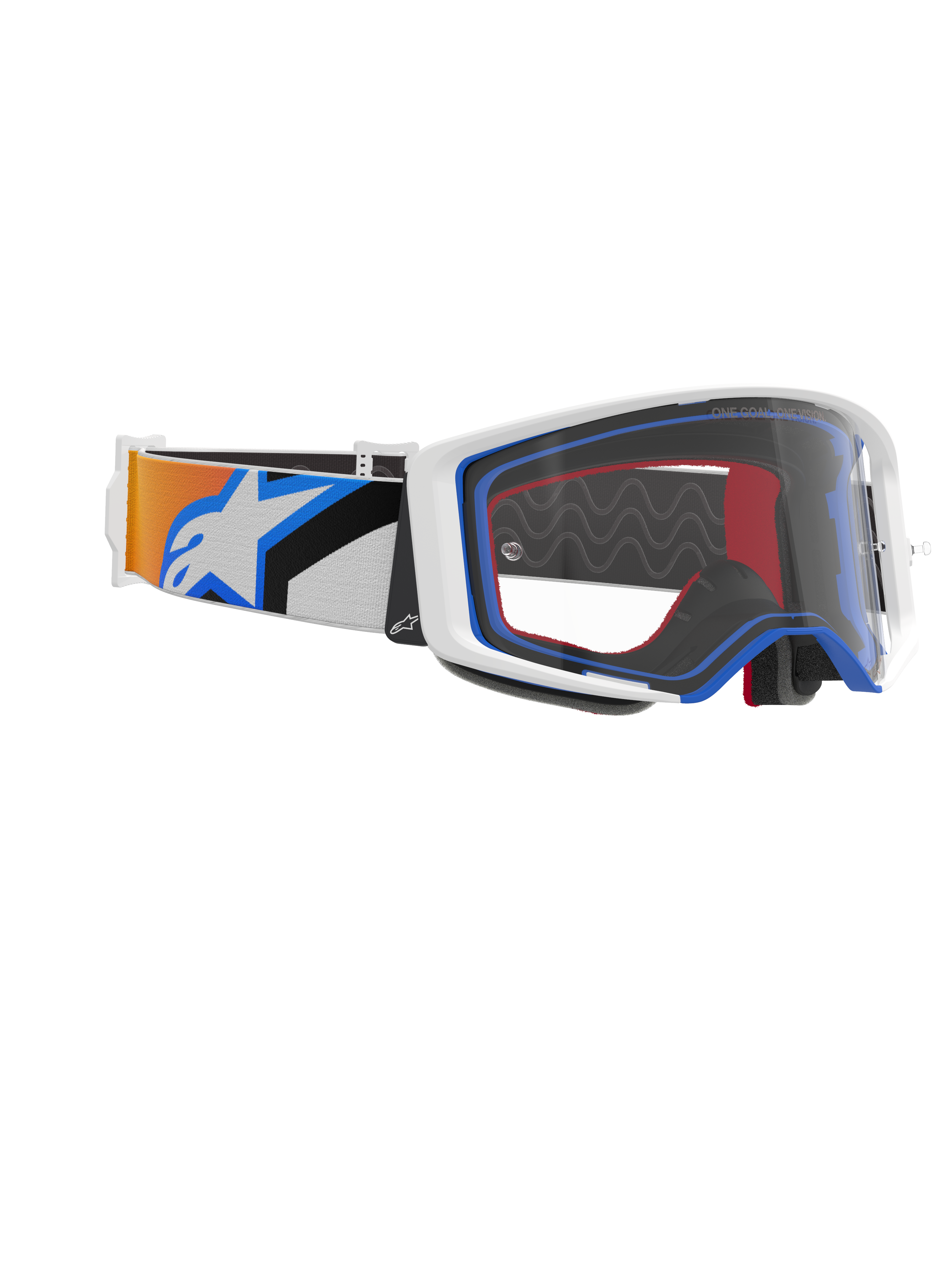 Alpinestars Supertech Corp Goggles, Motocross Goggles, Blue Orange and Clear, side view showing clear lens, white frame with blue and red accents, and wide strap with orange and blue graphics and large white Alpinestars logo.