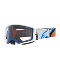 Alpinestars Supertech Corp Goggles, Motocross Goggles, Blue Orange and White, Clear lens with white frame and blue accents, wide strap with Alpinestars star logo and silicone grip, high-performance protective eyewear for off-road racing