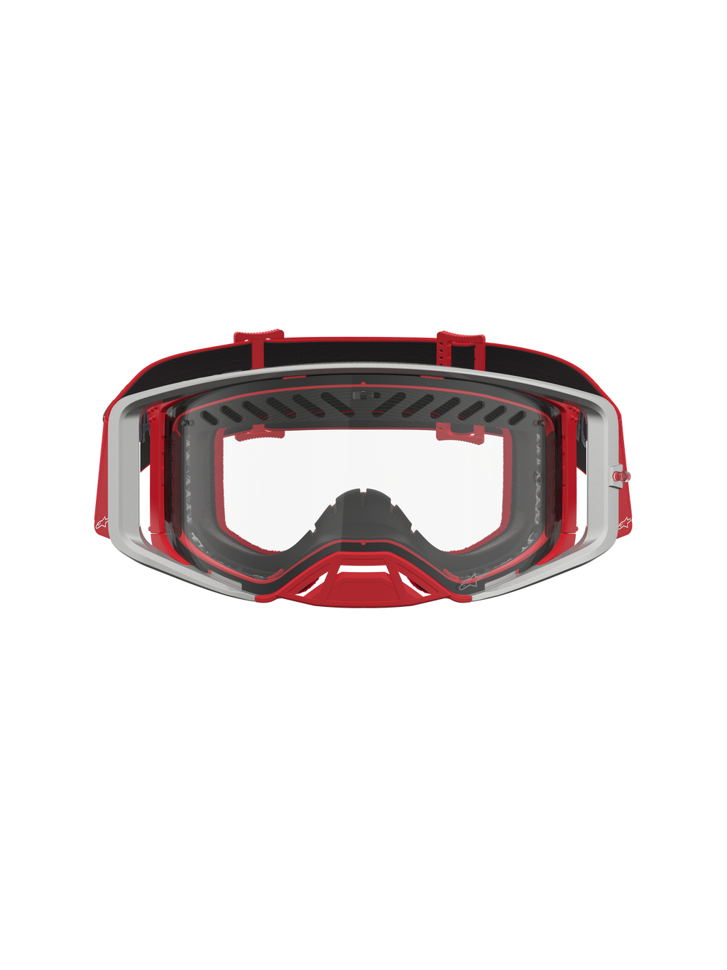 Alpinestars Supertech Dura Air Fluid Goggles, Red and Silver professional motocross goggles with clear polycarbonate lens.