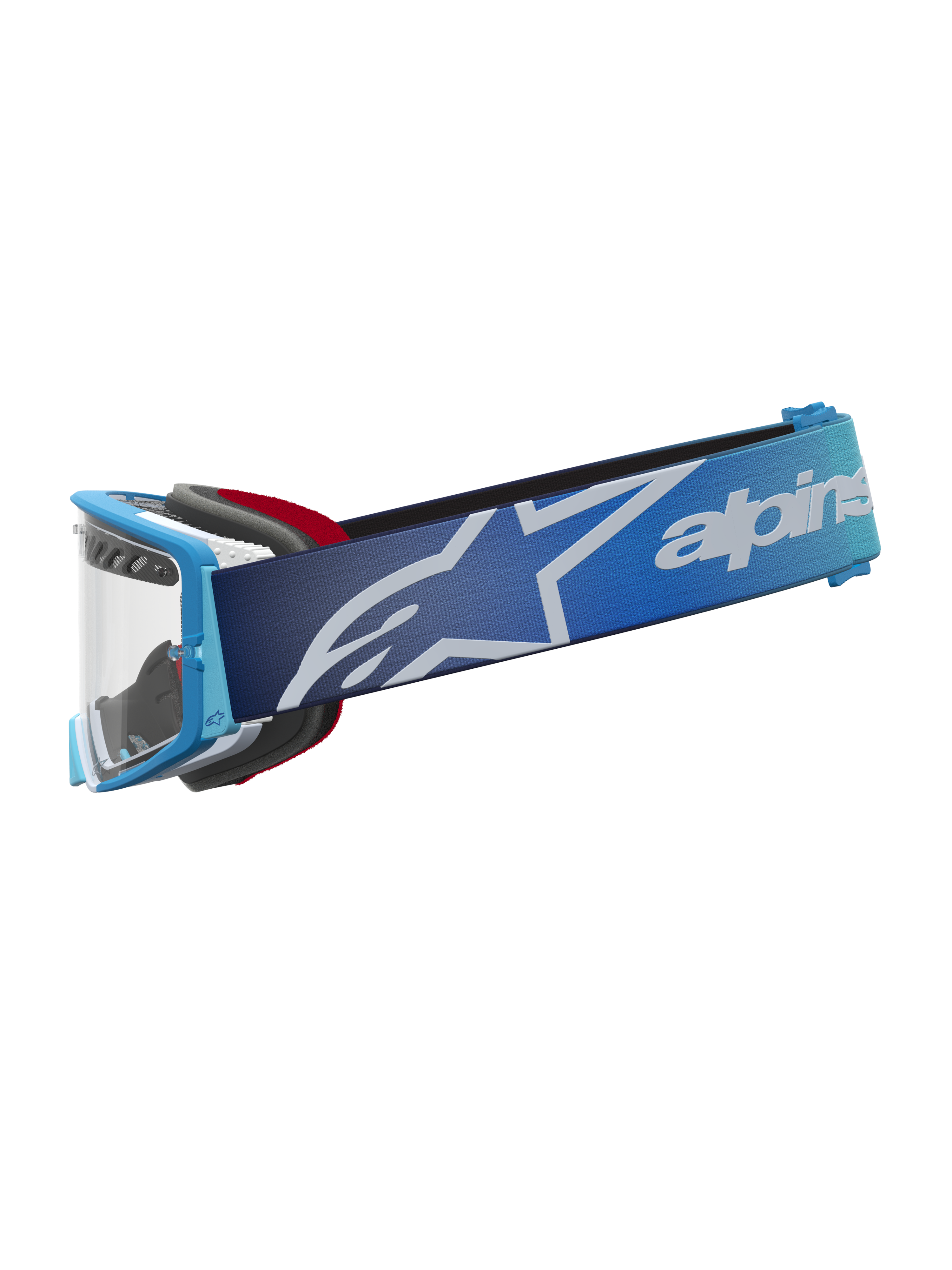 Alpinestars Supertech Dura Air Fluid Goggles, motocross racing goggles, Blue Fade and Silver, clear lens with white logo.