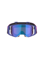Alpinestars Supertech Vision Vista Goggles, Motocross Goggles, Purple Fluo Pink and Mirror Blue, front-facing view featuring a mirror blue tinted lens, purple frame with white accents, and a vibrant pink and black strap with Alpinestars branding.