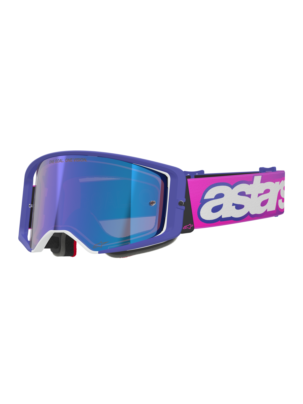 Alpinestars Supertech Vision Vista Goggles, Motocross Goggles, Purple frame with white accents and blue mirror lens, fluo pink strap with bold white 'astars' branding, professional off-road racing eyewear