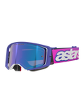 Alpinestars Supertech Vision Vista Goggles, Motocross Goggles, Purple frame with white accents and blue mirror lens, fluo pink strap with bold white 'astars' branding, professional off-road racing eyewear