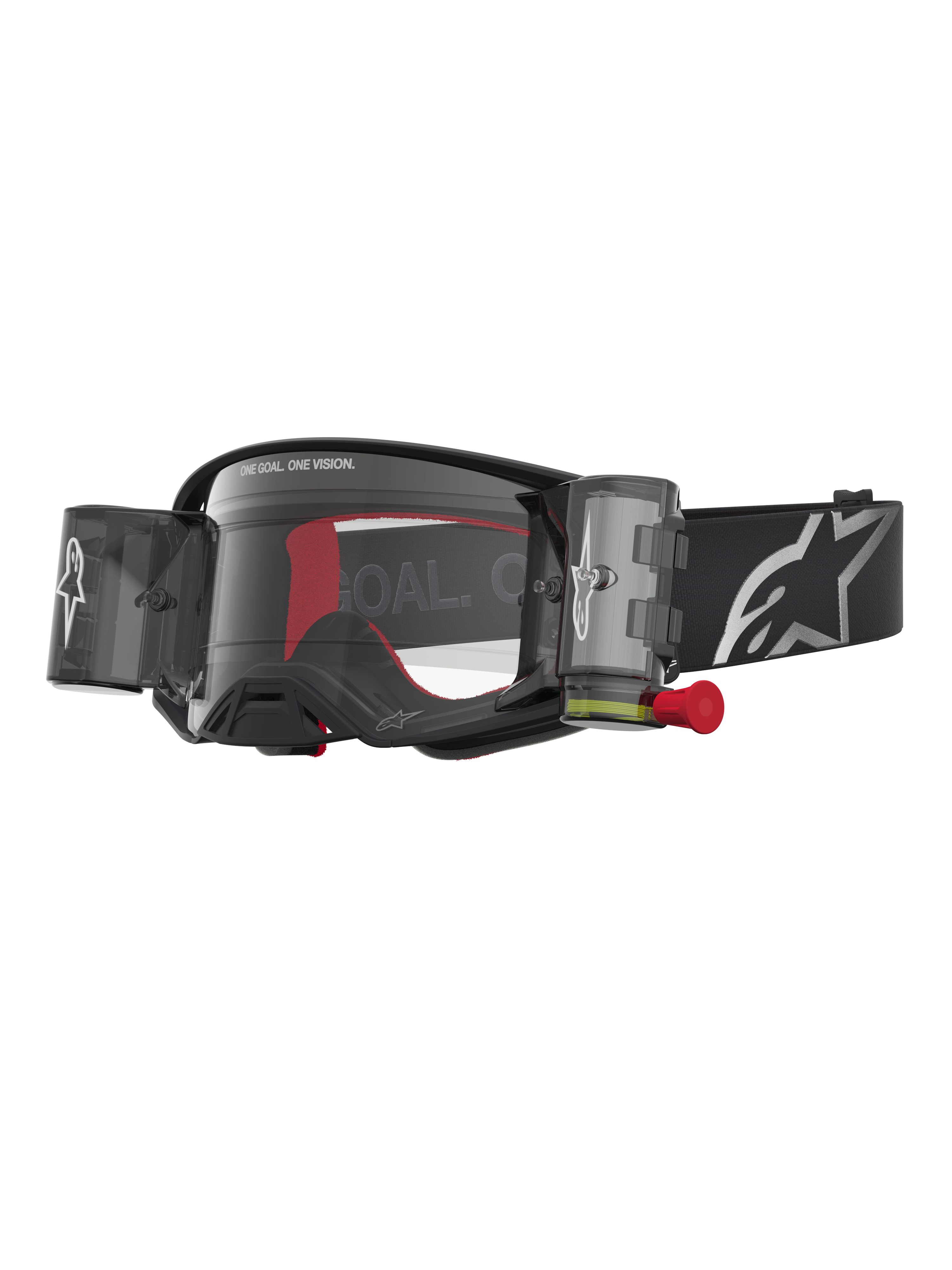 Alpinestars Supertech Firma Roll Off Goggles, premium motocross racing eyewear in black and silver, featuring a clear lens and integrated roll-off system for superior off-road visibility.