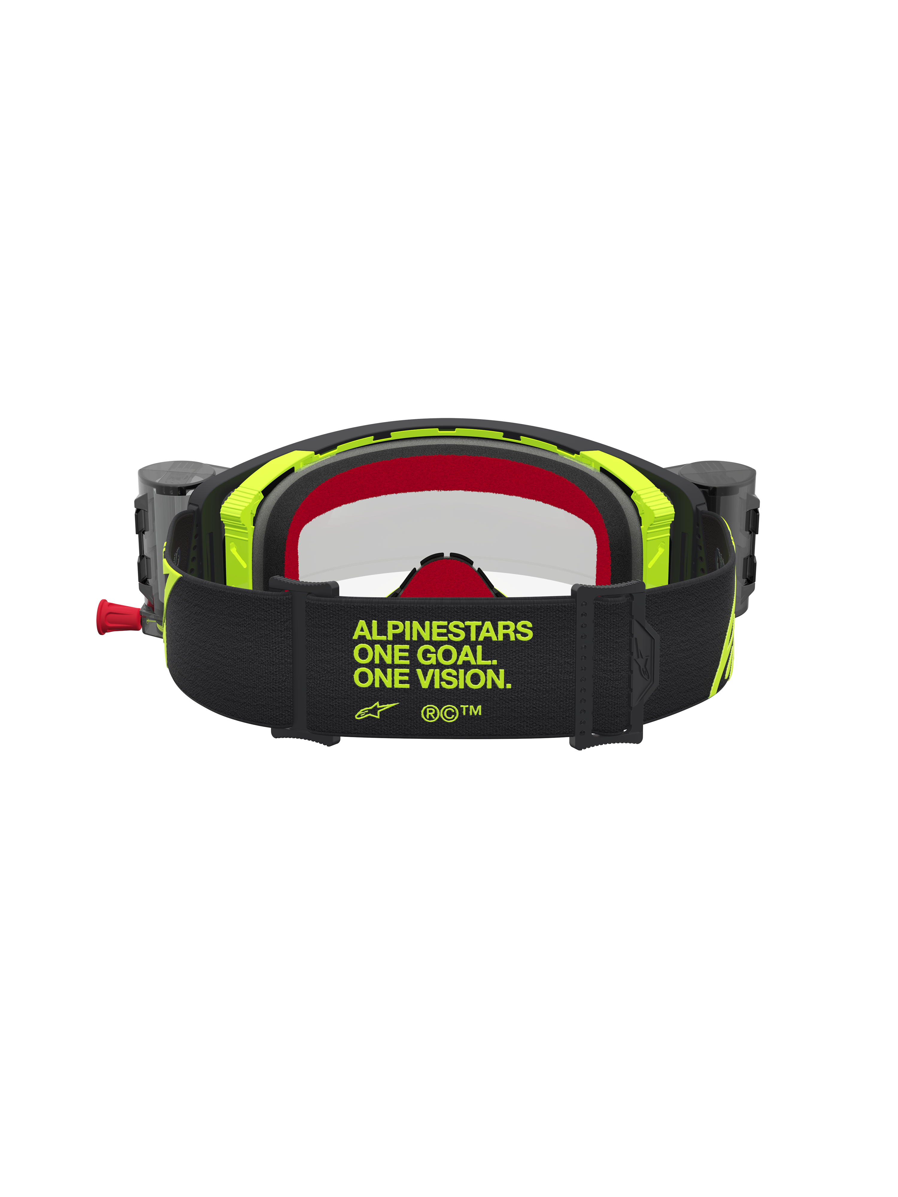 Alpinestars Supertech Firma Roll Off Goggles, Black and Yellow Fluo Motocross Goggles with wide branded strap, rear view.