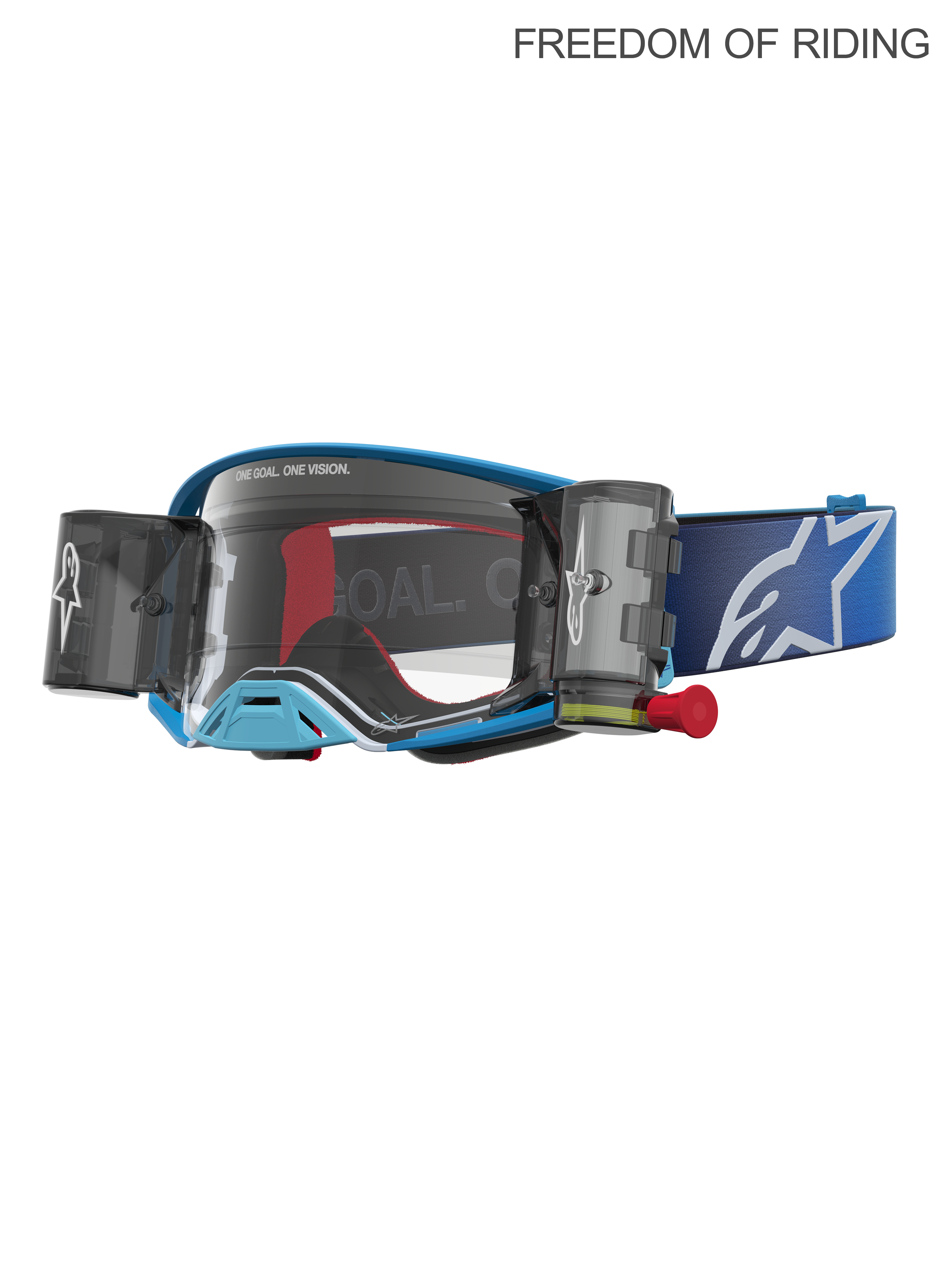 Alpinestars Supertech Firma Roll Off Goggles, Motocross and Off-Road Racing Goggles, Blue and Silver, Unisex, featuring an integrated roll-off system canisters for clear vision, high-clarity clear polycarbonate lens, and a wide blue adjustable strap with white logo. Engineered for Supercross and elite MX performance.