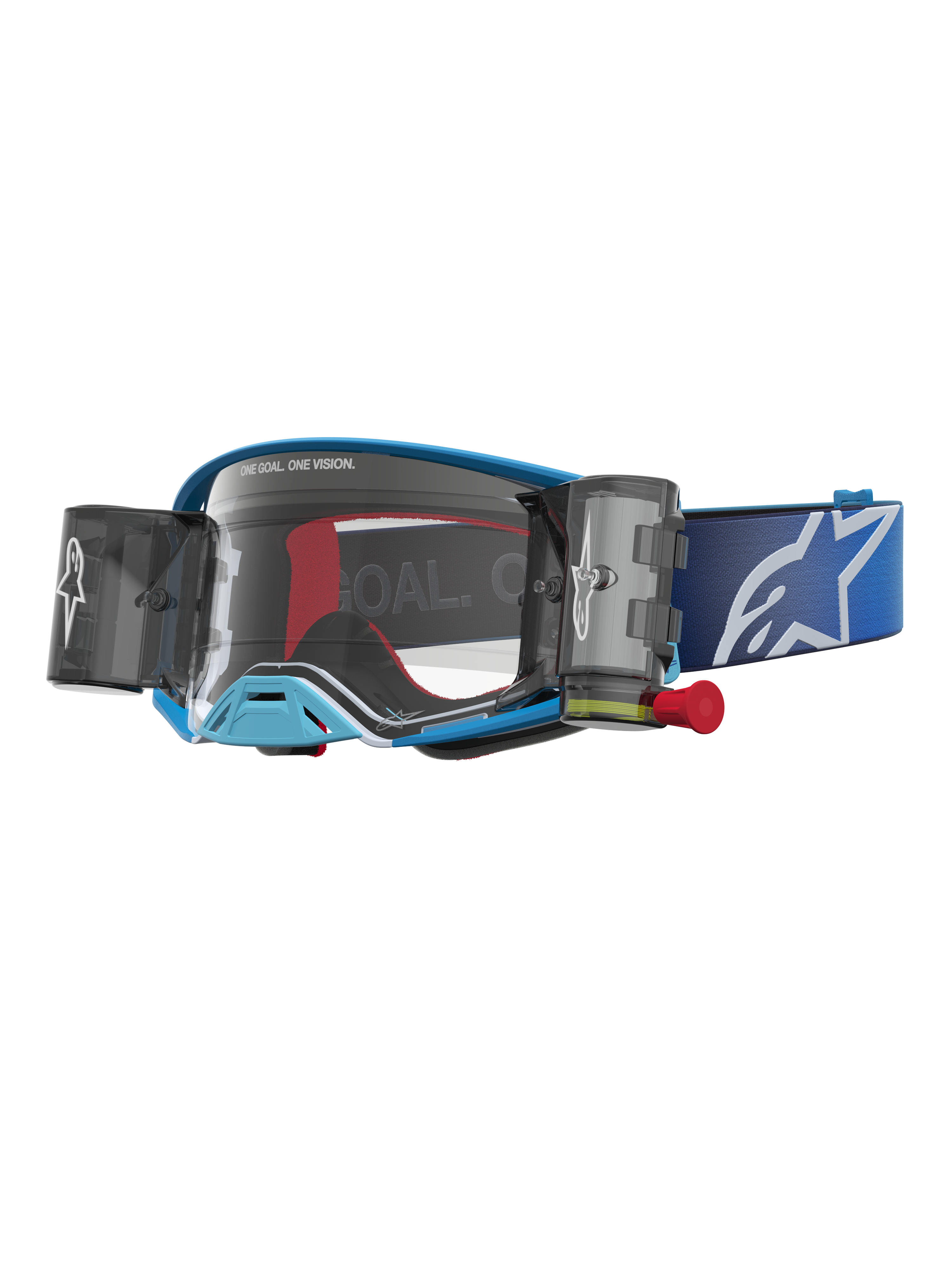 Alpinestars Supertech Firma Roll Off Goggles, blue motocross goggles with clear lens and integrated roll-off canisters.