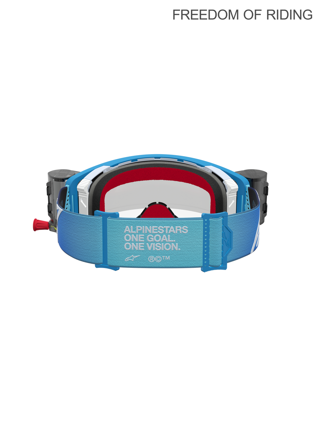 Alpinestars Supertech Firma Roll Off Goggles, Motocross Racing Goggles, Blue and Silver with Red foam, back view showing the 'One Goal. One Vision.' manifesto on the strap and side roll-off system canisters, clear lens for off-road and Supercross performance.