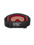 Alpinestars Supertech Corp Goggles Absolute Vision, Back View, Black and Red, featuring white 'ALPINESTARS ONE GOAL. ONE VISION.' text on a wide black strap, red inner frame accents, professional motocross goggles