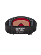 Alpinestars Supertech Corp Goggles Absolute Vision, Motocross Goggles, Black and Grey, rear view showing black adjustable strap with white 'ALPINESTARS ONE GOAL. ONE VISION.' text, warm-tinted lens, and multi-layer face foam.
