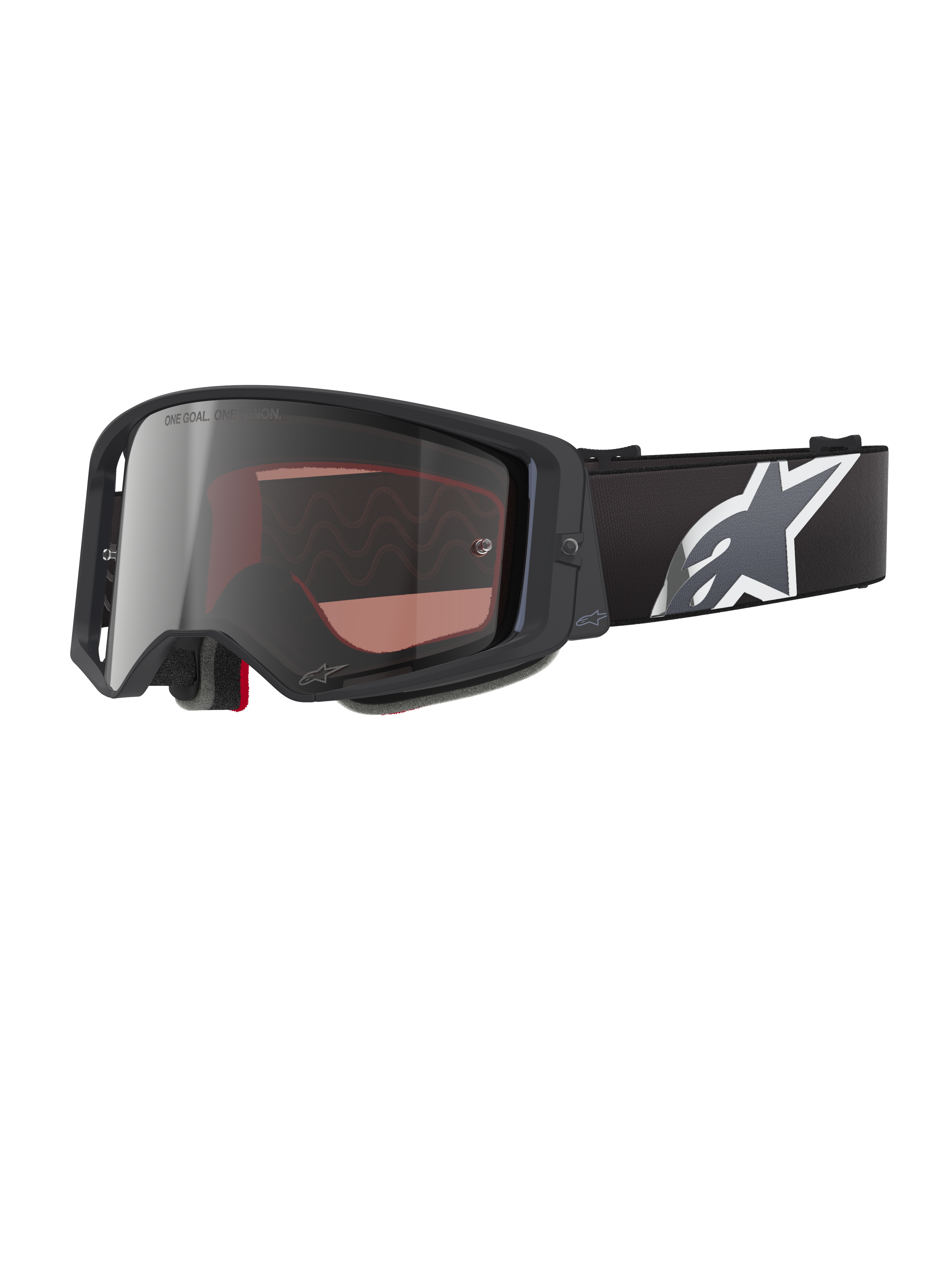 Alpinestars Supertech Corp Goggles Absolute Vision, Motocross Goggles, Black and Grey with Mirror Silver Lens, featuring an angular frame, adjustable black strap with a prominent white star logo, and multi-layer face foam for off-road performance.
