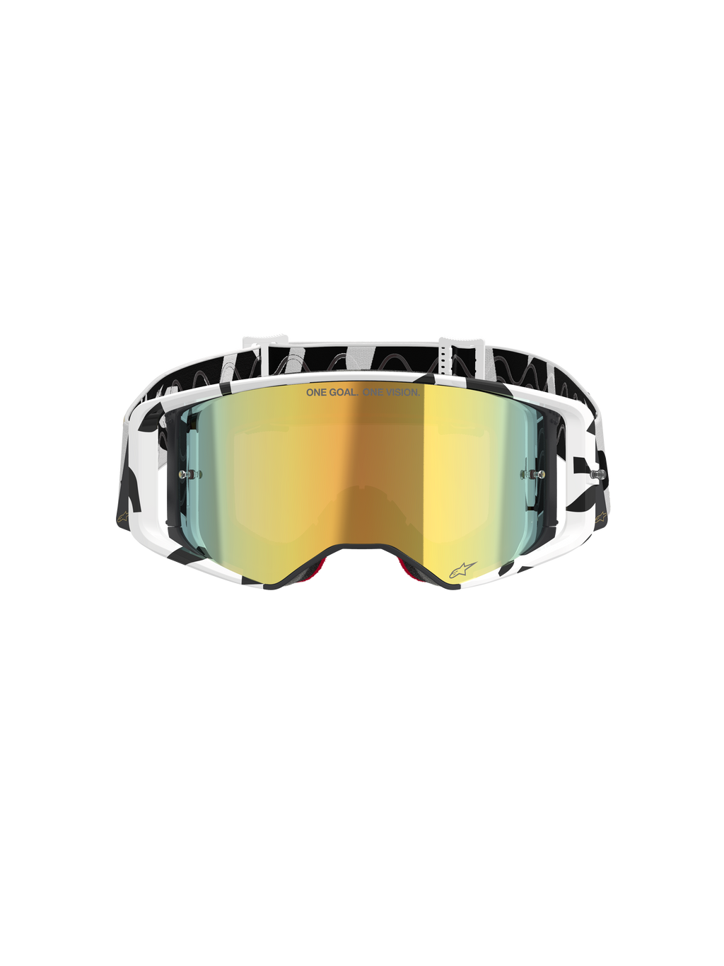Alpinestars Supertech Corp Goggles Absolute Vision, Motocross Goggles, White and Gold Mirror, featuring a black and white graphic frame and strap, gold mirrored lens with 'ONE GOAL. ONE VISION.' text, high-performance off-road eyewear