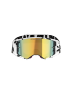Alpinestars Supertech Corp Goggles Absolute Vision, Motocross Goggles, White and Gold Mirror, featuring a black and white graphic frame and strap, gold mirrored lens with 'ONE GOAL. ONE VISION.' text, high-performance off-road eyewear