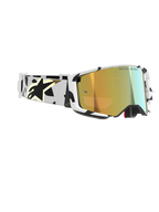 Alpinestars Supertech Corp Goggles Absolute Vision, Motocross Goggles, White frame with black graphic patterns, Gold Mirror lens, white and black strap with gold Alpinestars logo, high-performance protective eyewear for racing.