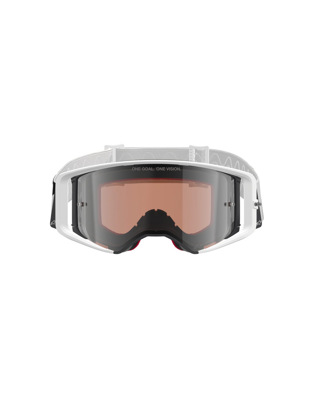 Alpinestars Supertech Corp Goggles Absolute Vision, Motocross Goggles, White and Mirror Silver, front view featuring a white frame and silver mirrored lens with "ONE GOAL. ONE VISION." text, adjustable white strap with Alpinestars logo, high-performance protective eyewear for off-road racing