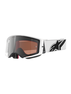 Alpinestars Supertech Corp Goggles Absolute Vision, Motocross Goggles, White frame with Silver Mirror lens, wide white adjustable strap featuring a large black Alpinestars star logo, high-performance protective eyewear for off-road racing