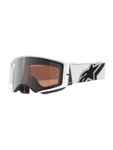 Alpinestars Supertech Corp Goggles Absolute Vision, Motocross Goggles, White frame with Silver Mirror lens, wide white adjustable strap featuring a large black Alpinestars star logo, high-performance protective eyewear for off-road racing