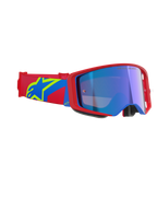 Alpinestars Supertech Corp Goggles Absolute Vision, Motocross Goggles, Red and Blue frame with Mirror Blue lens, red and blue strap featuring a yellow Alpinestars star logo, professional off-road racing eyewear