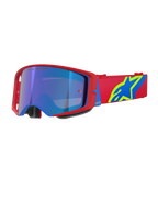 Alpinestars Supertech Corp Goggles Absolute Vision, Motocross Goggles, Red and Blue frame with Mirror Blue lens, red strap with bold yellow and blue Alpinestars logo, high-performance eyewear for off-road and racing