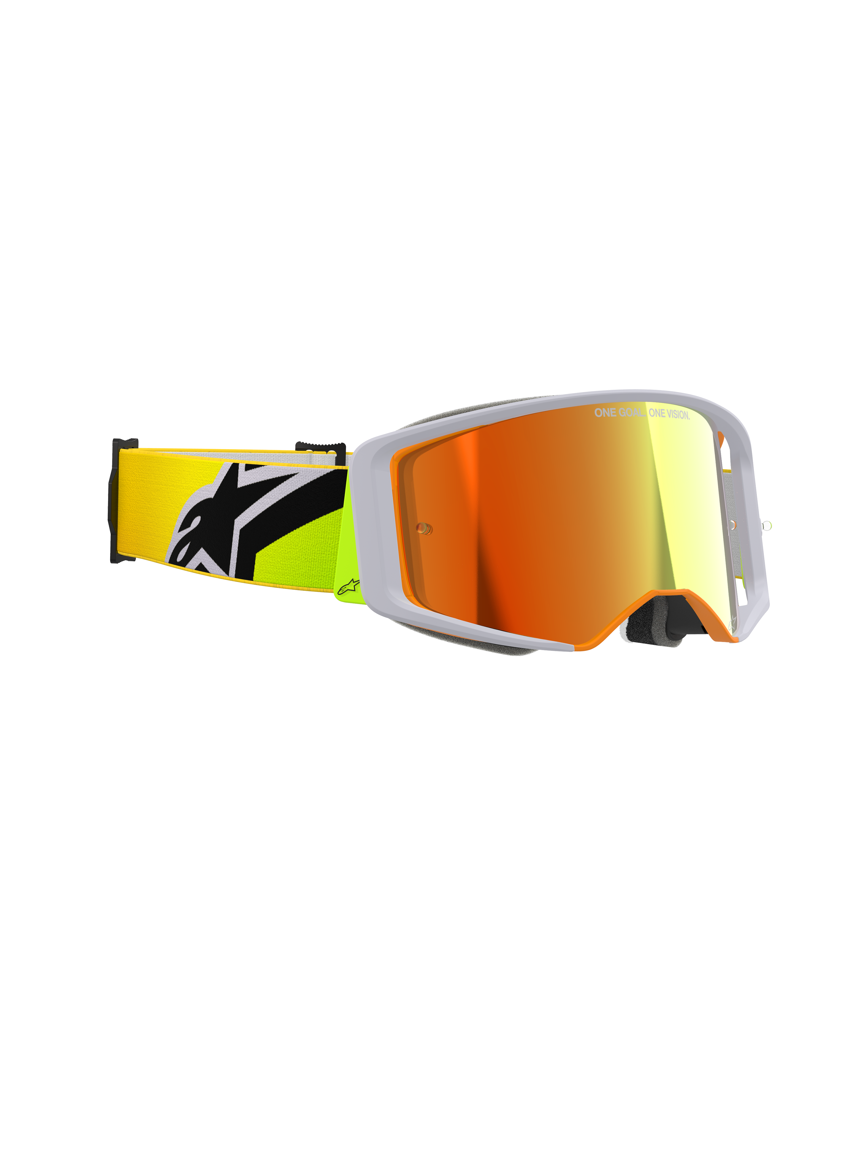 Alpinestars Supertech Corp Goggles Absolute Vision, Motocross Goggles, Yellow Fluo and Grey, Mirror Red lens, side view featuring wide peripheral vision and a fluo yellow strap with a bold black Alpinestars logo, professional off-road racing gear.