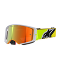 Alpinestars Supertech Corp Goggles Absolute Vision, Motocross Goggles, Yellow Fluo and Grey, Red Mirrored Lens with 'One Goal. One Vision.' text, fluorescent yellow strap with bold black and white Alpinestars logo, high-performance off-road eyewear