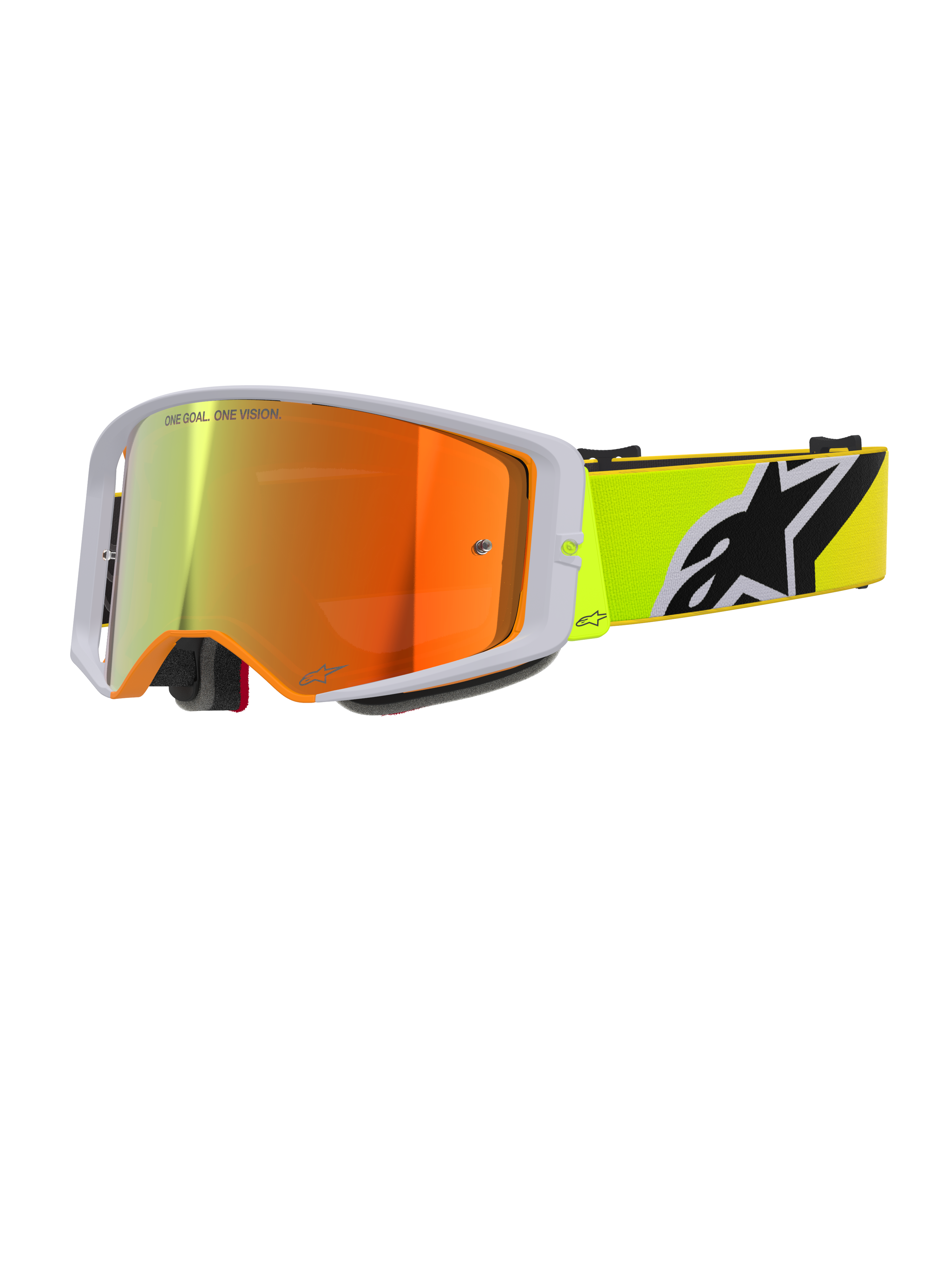 Alpinestars Supertech Corp Goggles Absolute Vision, Motocross Goggles, Yellow Fluo and Grey, Red Mirrored Lens with 'One Goal. One Vision.' text, fluorescent yellow strap with bold black and white Alpinestars logo, high-performance off-road eyewear