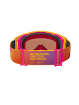 Alpinestars Supertech Corp Goggles Absolute Vision, Motocross Goggles, Yellow and Pink frame with multi-colored gradient strap, rear view showing black multi-layer face foam and 'ALPINESTARS ONE GOAL. ONE VISION.' text, high-performance off-road eye protection