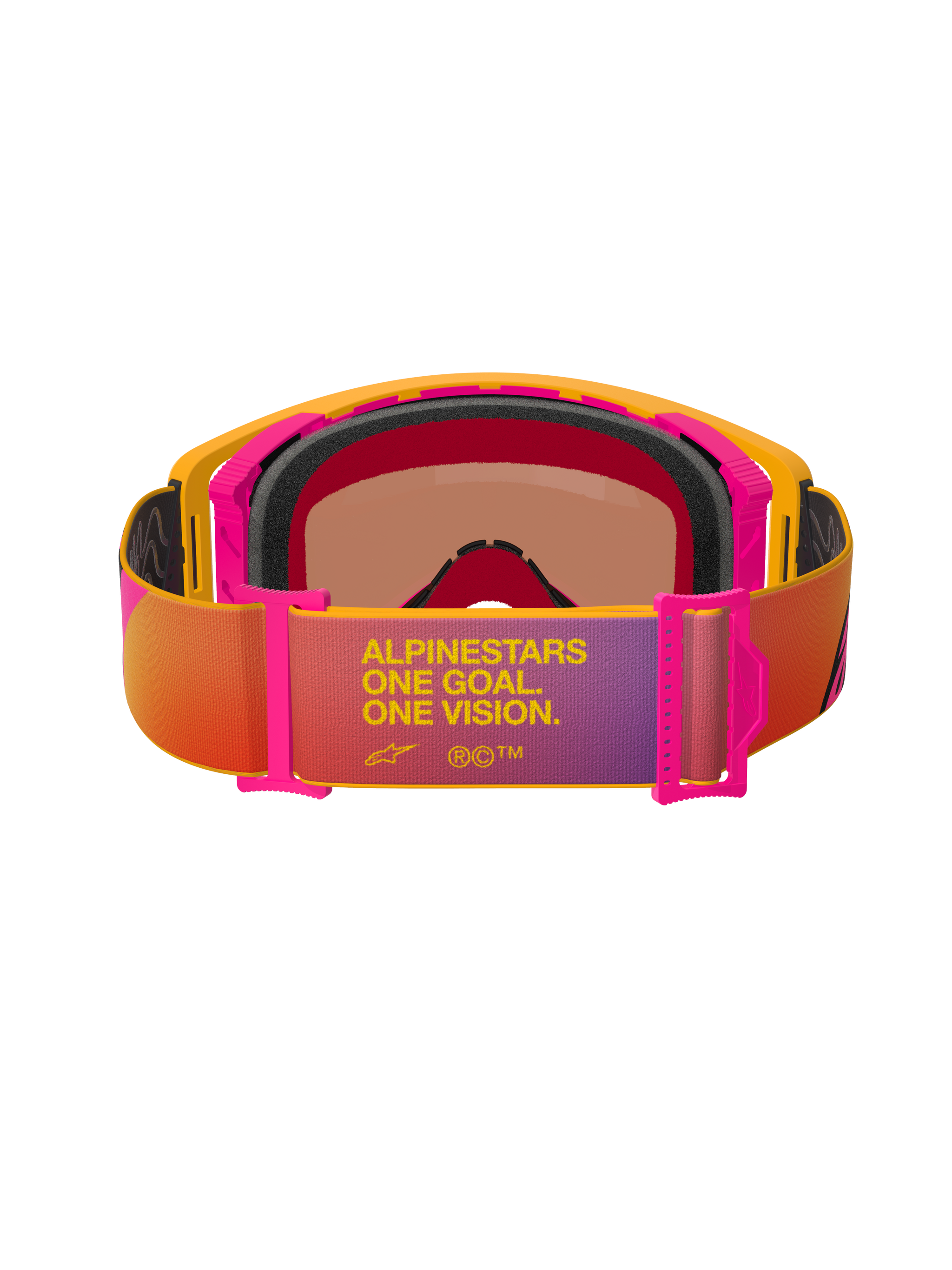 Alpinestars Supertech Corp Goggles Absolute Vision, Motocross Goggles, Yellow and Pink frame with multi-colored gradient strap, rear view showing black multi-layer face foam and 'ALPINESTARS ONE GOAL. ONE VISION.' text, high-performance off-road eye protection