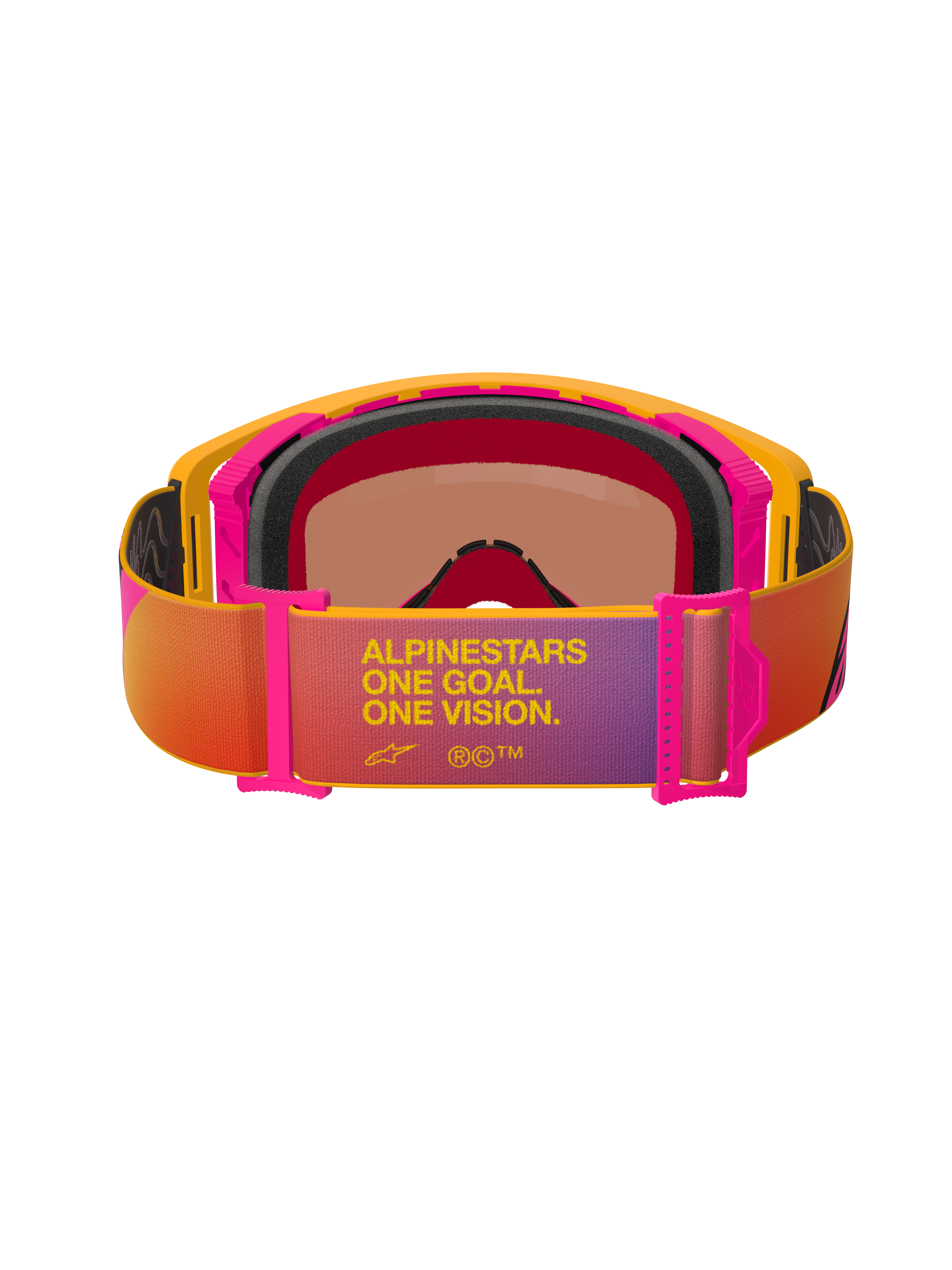 Alpinestars Supertech Corp Goggles Absolute Vision, Motocross Goggles, Yellow and Pink frame with multi-colored gradient strap, rear view showing black multi-layer face foam and 'ALPINESTARS ONE GOAL. ONE VISION.' text, high-performance off-road eye protection