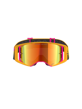 Alpinestars Supertech Corp Goggles Absolute Vision, Motocross Goggles, Yellow and Pink frame with Red Mirror lens, front view, featuring 'ONE GOAL. ONE VISION.' text on the lens, adjustable black strap with silicone traction