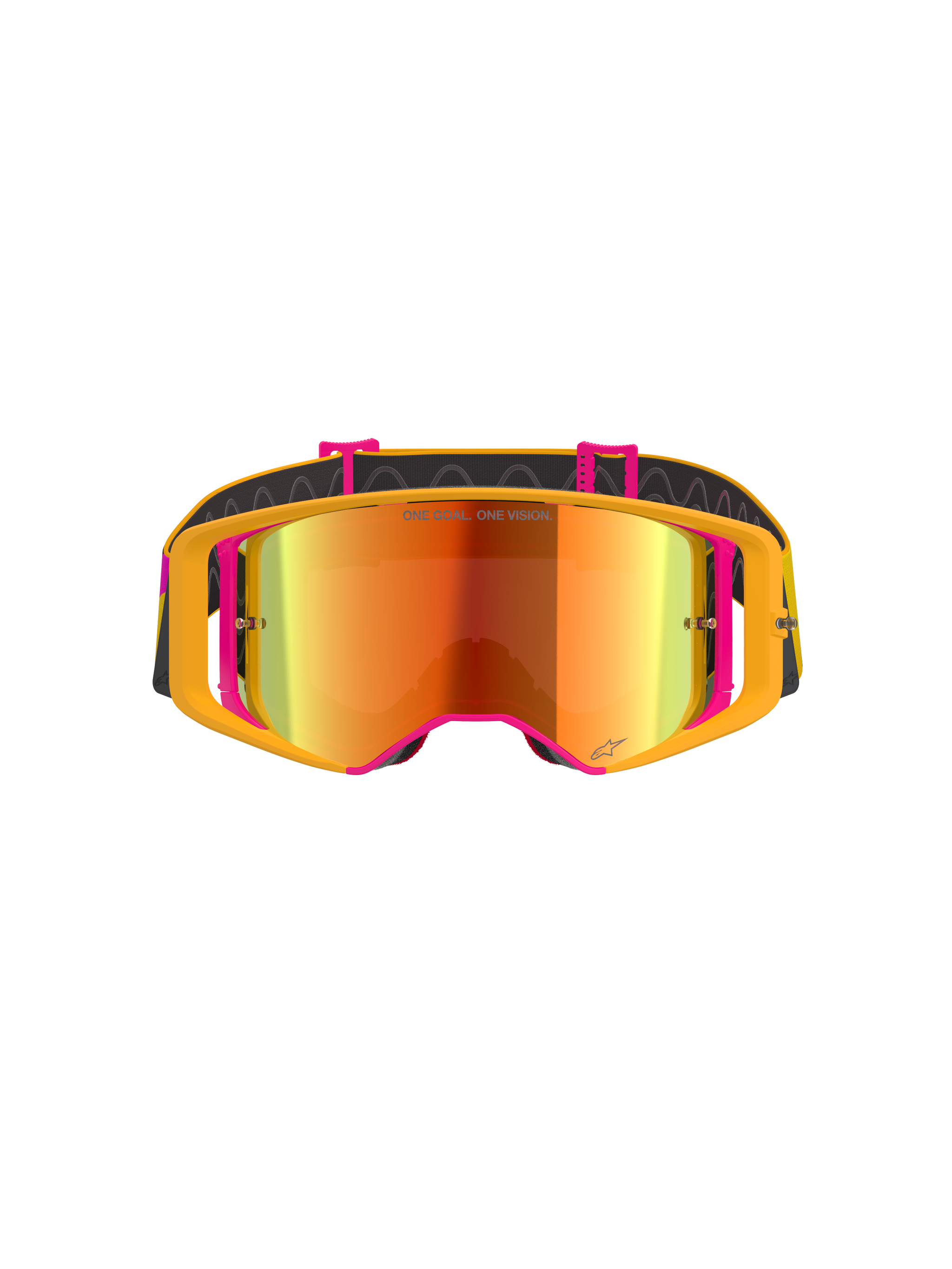 Alpinestars Supertech Corp Goggles Absolute Vision, Motocross Goggles, Yellow and Pink frame with Red Mirror lens, front view, featuring 'ONE GOAL. ONE VISION.' text on the lens, adjustable black strap with silicone traction