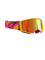 Alpinestars Supertech Corp Goggles Absolute Vision, Motocross Goggles, Yellow with Pink accents and Mirror Red lens, featuring a wide pink and yellow strap with a large Alpinestars logo, 'ONE GOAL. ONE VISION.' printed on the lens, high-performance racing eyewear for off-road use