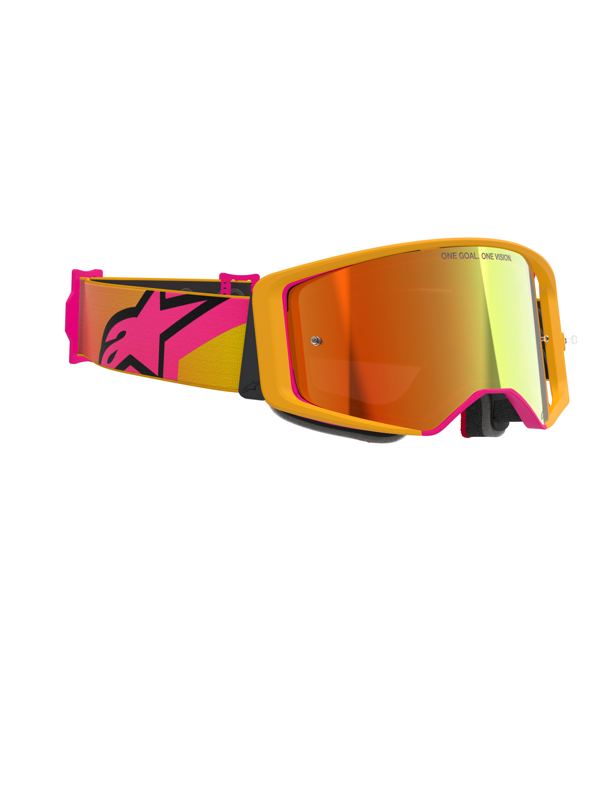 Alpinestars Supertech Corp Goggles Absolute Vision, Motocross Goggles, Yellow with Pink accents and Mirror Red lens, featuring a wide pink and yellow strap with a large Alpinestars logo, 'ONE GOAL. ONE VISION.' printed on the lens, high-performance racing eyewear for off-road use