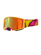 Alpinestars Supertech Corp Goggles Absolute Vision, Motocross Goggles, Yellow and Pink Mirror Red, featuring a bright yellow frame, mirrored lens with orange and red reflections, yellow strap with large pink Alpinestars star logo, professional off-road racing eyewear