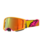 Alpinestars Supertech Corp Goggles Absolute Vision, Motocross Goggles, Yellow and Pink Mirror Red, featuring a bright yellow frame, mirrored lens with orange and red reflections, yellow strap with large pink Alpinestars star logo, professional off-road racing eyewear