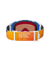 Alpinestars Supertech Corp Goggles Absolute Vision, Rear view featuring an orange and yellow gradient strap with white 'ALPINESTARS ONE GOAL. ONE VISION.' branding, blue and white frame components, black multi-layer face foam, and warm-tinted lens