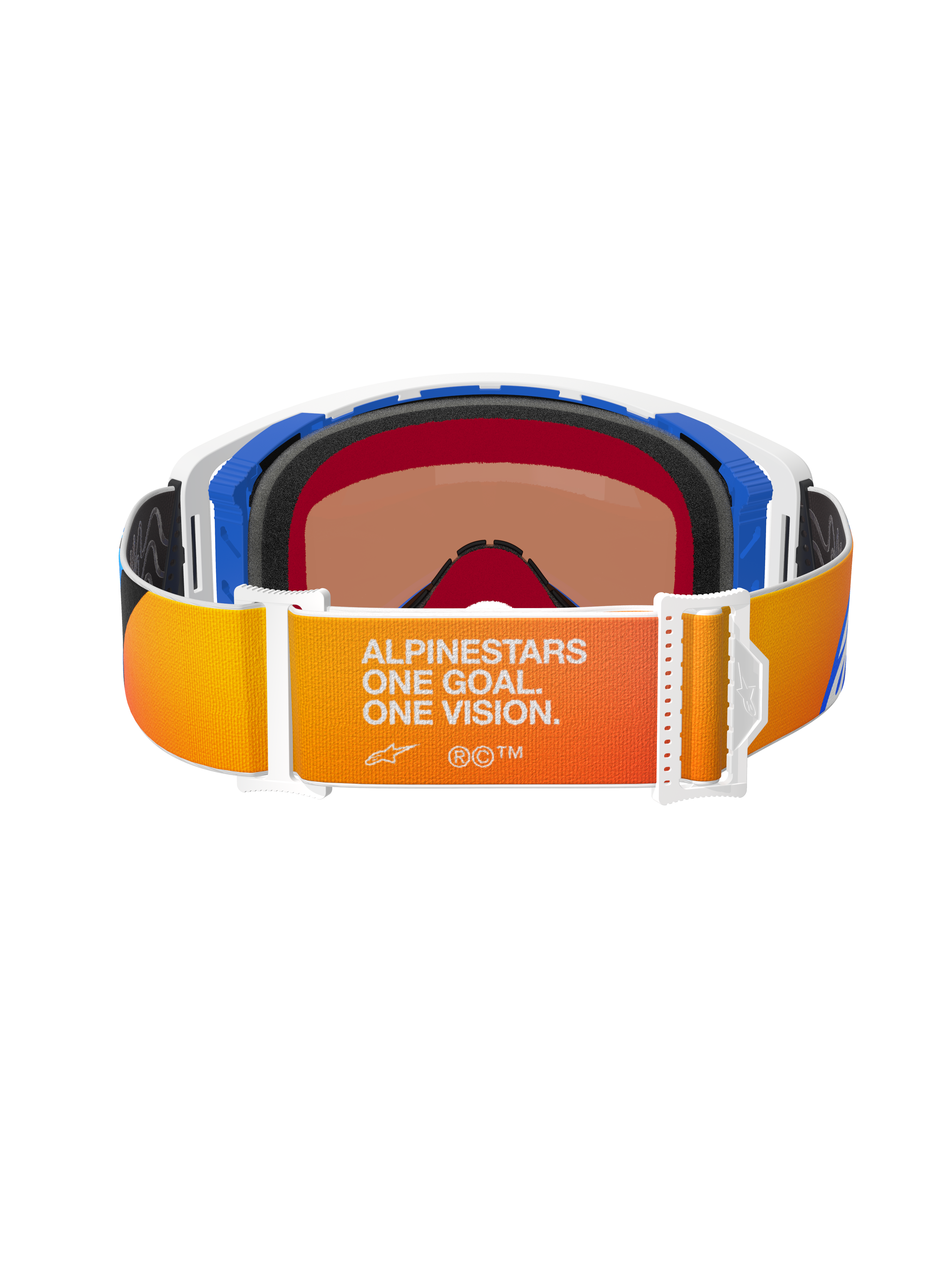Alpinestars Supertech Corp Goggles Absolute Vision, Rear view featuring an orange and yellow gradient strap with white 'ALPINESTARS ONE GOAL. ONE VISION.' branding, blue and white frame components, black multi-layer face foam, and warm-tinted lens