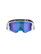 Alpinestars Supertech Corp Goggles Absolute Vision, Motocross Goggles, White and Blue frame with Mirrored Blue lens, featuring 'ONE GOAL. ONE VISION.' text on the lens, black and white adjustable strap, high-performance eyewear for off-road racing