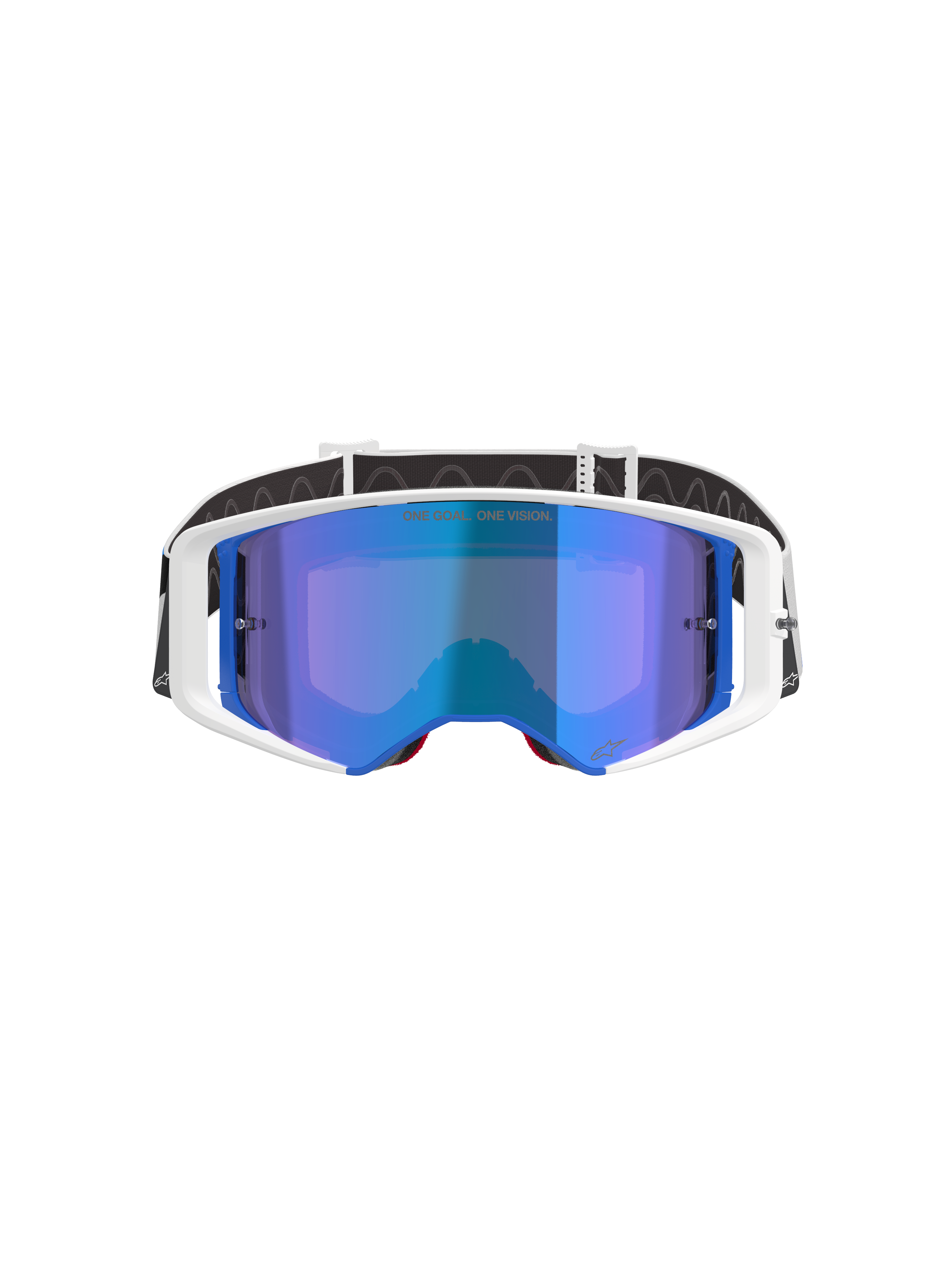 Alpinestars Supertech Corp Goggles Absolute Vision, Motocross Goggles, White and Blue frame with Mirrored Blue lens, featuring 'ONE GOAL. ONE VISION.' text on the lens, black and white adjustable strap, high-performance eyewear for off-road racing