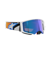 Alpinestars Supertech Corp Goggles Absolute Vision, Motocross Goggles, White Frame with Blue Mirror Lens, adjustable strap with blue and orange graphic design and Alpinestars logo, professional off-road racing eyewear