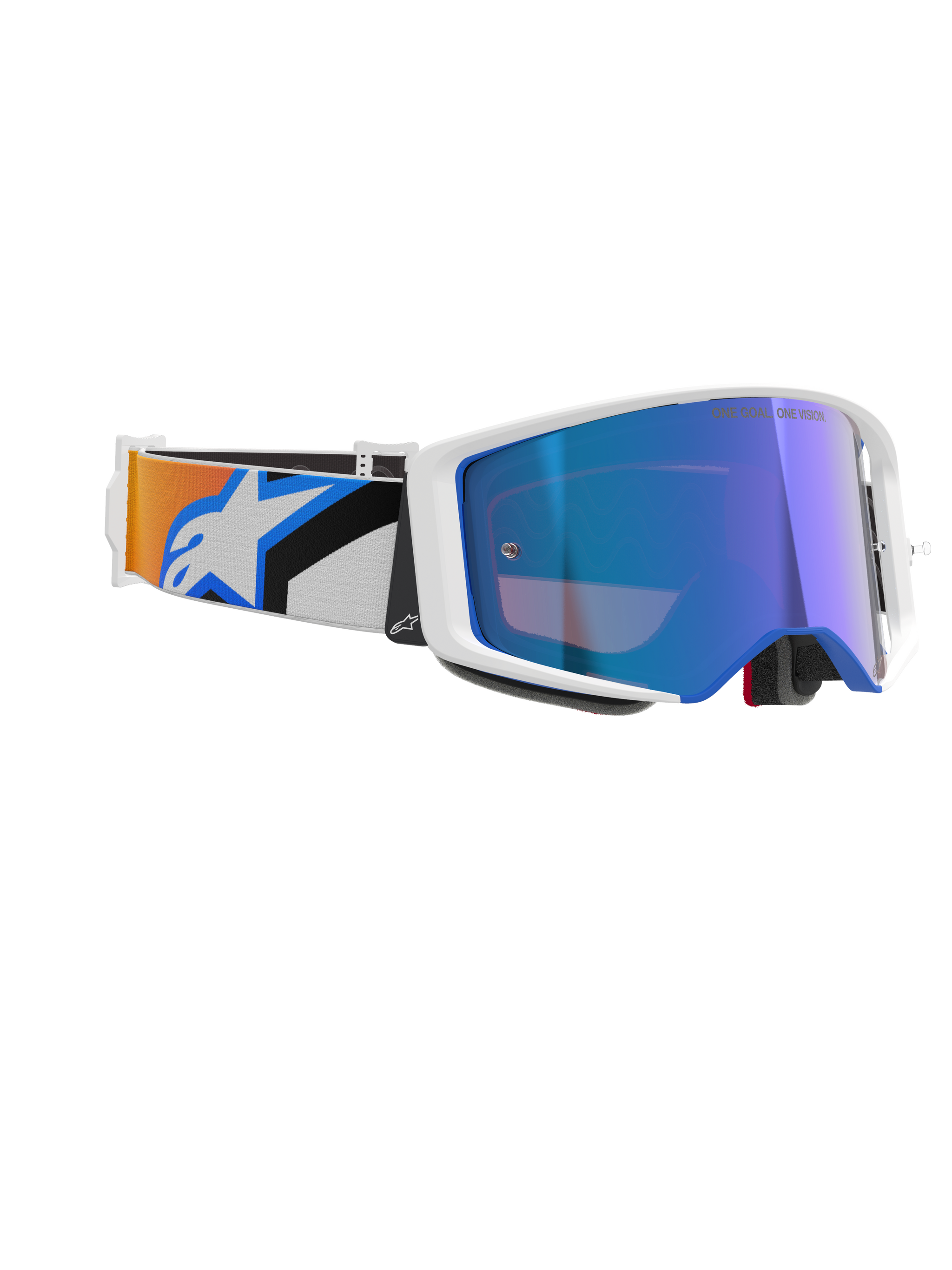 Alpinestars Supertech Corp Goggles Absolute Vision, Motocross Goggles, White Frame with Blue Mirror Lens, adjustable strap with blue and orange graphic design and Alpinestars logo, professional off-road racing eyewear