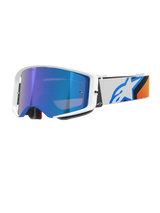 Alpinestars Supertech Corp Goggles Absolute Vision, Motocross Goggles, Blue and Orange with Mirror Blue lens, white and blue frame, wide white strap featuring a bold blue star logo and orange accents, high-performance off-road eye protection