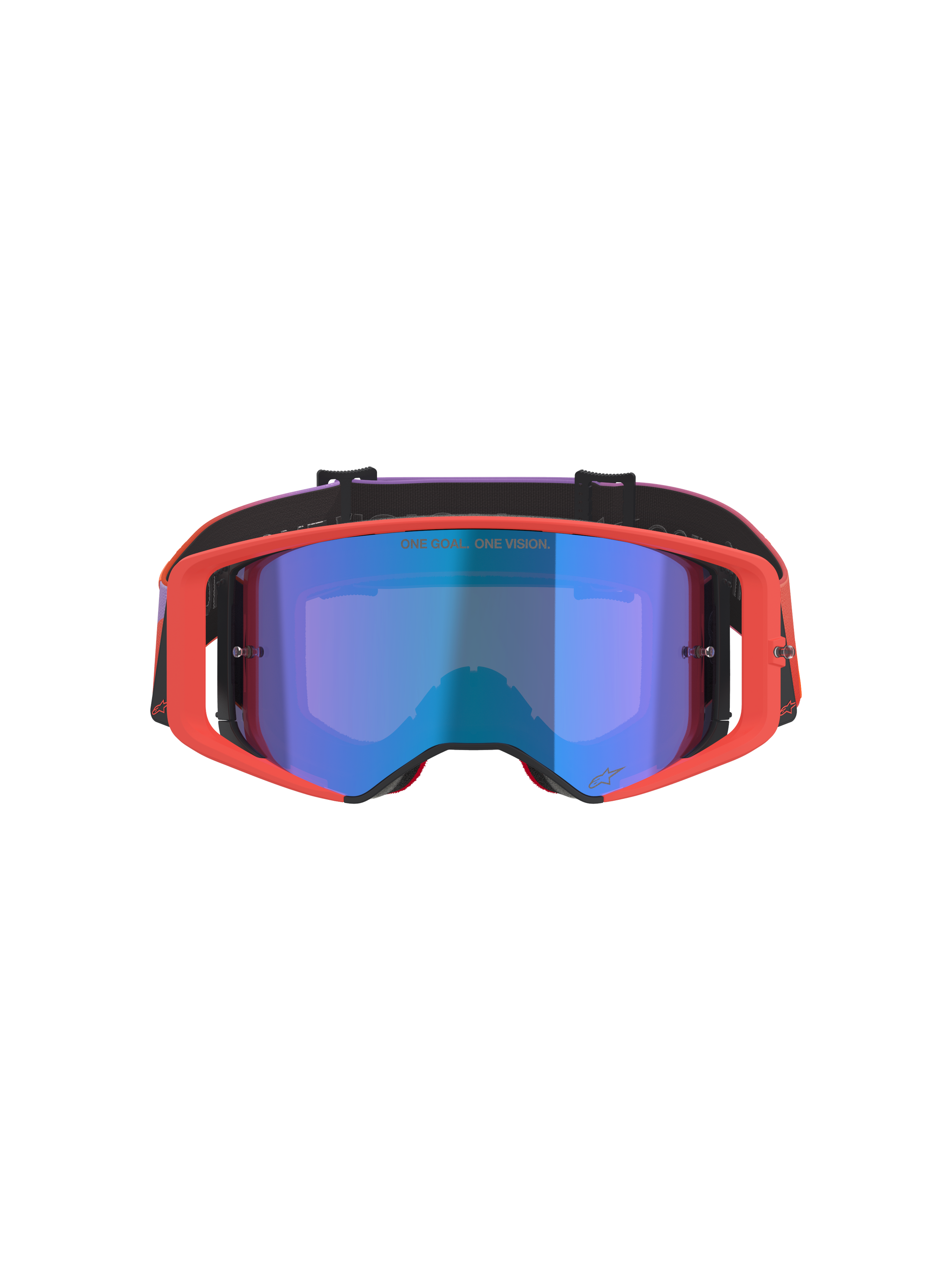 Alpinestars Supertech Vision Corp Goggles, Motocross Goggles, Hot Coral frame with Mirror Blue tinted lens, purple and orange gradient strap, featuring 'ONE GOAL. ONE VISION.' text, high-performance eye protection for off-road racing