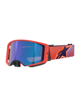 Alpinestars Supertech Vision Corp Goggles, Motocross Goggles, Hot Coral frame with Mirror Blue tinted lens, featuring a purple and orange patterned strap with the Alpinestars logo, high-performance eyewear for off-road racing